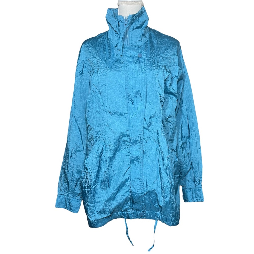 Totes Vintage Raincoat S Jacket Nylon Teal Blue Shiny Drawstring High Neck Zip